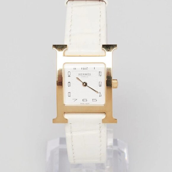 Hermes 21mm White Alligator Leather Gold Plated Heure H PM Quartz Watch HH1.200 - Picture 1 of 8